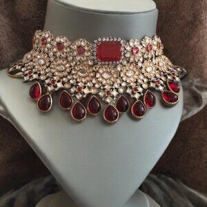 Regal Red Kundan Polki Choker Necklace Set with Ruby Drops
